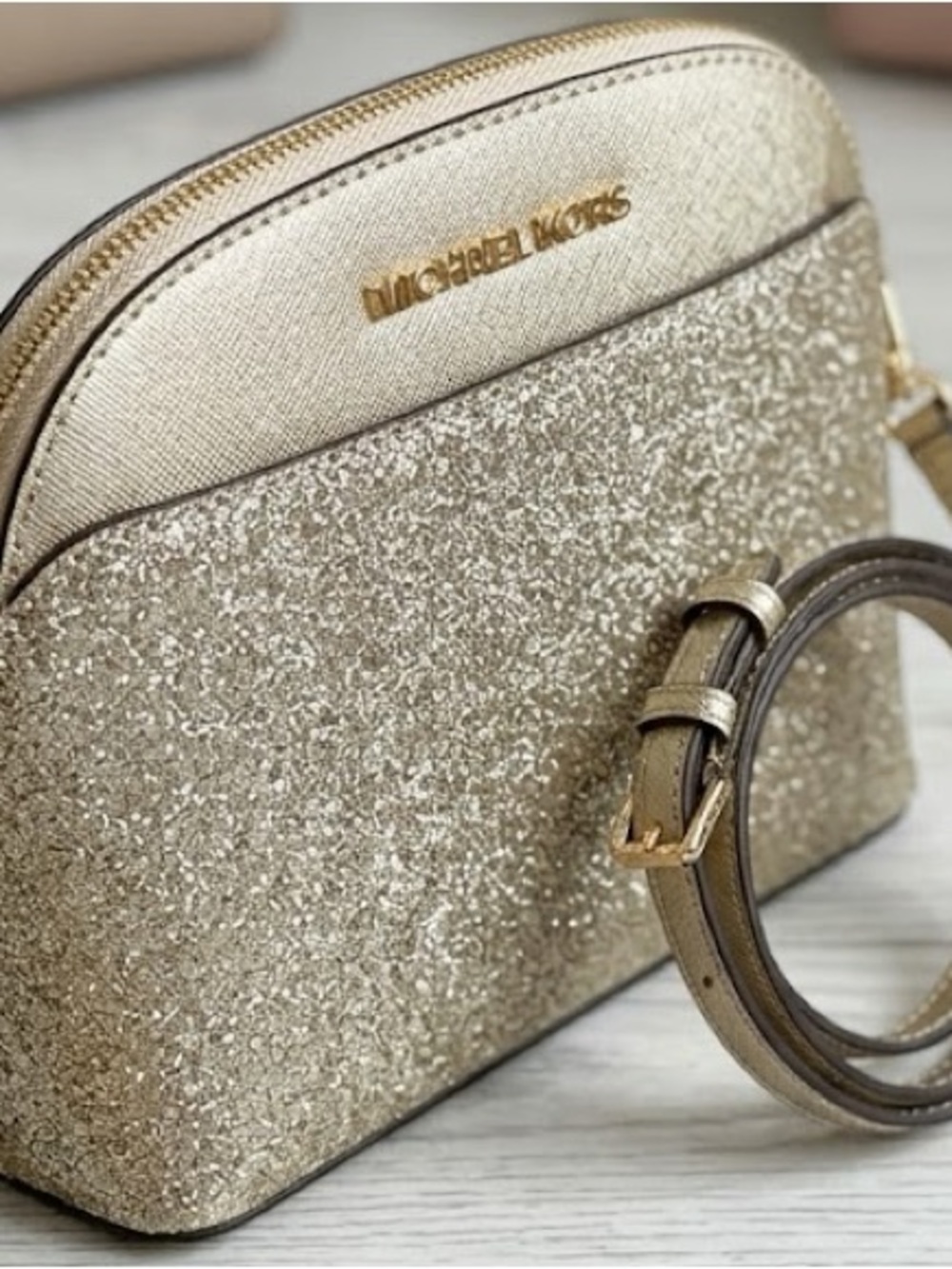 Michael Kors Gold Glitter Dome Crossbody with Metallic Leather Trim new with tag